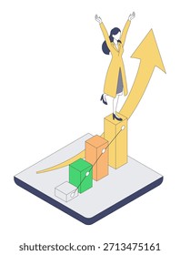 Esta es una Ilustración vectorial isométrica que representa a una médica expresando alegría mientras la DX de la atención médica mejora los resultados. Simbolizando el éxito, los efectos de mejora y las métricas de crecimiento, es una ilustración ideal para los materiales de promoción de DX y los informes de resultados.