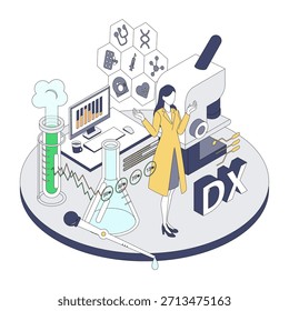 This is an isometric vector illustration depicting a female physician utilizing medical DX (digital transformation) and research data. It incorporates elements such as test tubes, flasks, monitors, analysis graphs, and medical icons to comprehensively represent the fields of medical research, biotechnology, AI healthcare, and health tech.