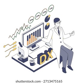 Esta es una Ilustración vectorial isométrica que representa a un médico masculino analizando datos visualizados a través de DX médica. Con Elementos como gráficos de líneas, gráficos circulares, paneles numéricos, microscopios y monitores, es ideal para materiales que explican el análisis de datos médicos, la medición del rendimiento y el campo de la tecnología de la salud.