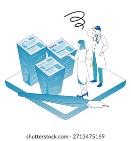 Esta es una Ilustración vectorial isométrica que representa a un doctor y personal médico abrumados por un Grande volumen de registros médicos en papel. Representa visualmente la carga y la ineficiencia causadas por las tareas de mantenimiento de registros analógicos, lo que lo hace ideal para explicar los desafíos en las Configuraciones de atención médica, ilustrar situaciones de implementación anteriores a DX o crear materiales de propuestas de mejora.