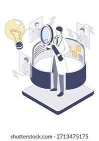 This is an isometric vector illustration depicting a male physician researching information related to healthcare DX (digital transformation). It visually represents a scene of healthcare DX research, investigation, and information analysis by combining elements such as medical data, expert icons, analytical tools, and a lightbulb symbolizing ideas.