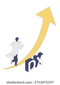 Esta es una Ilustración vectorial isométrica que representa a un médico masculino corriendo hacia la DX médica. Simboliza un cambio positivo, como la mejora, la reforma y la transición digital, lo que lo hace adecuado para materiales y propuestas de promoción de DX.