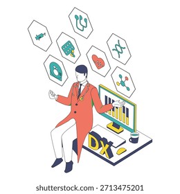 This is an isometric vector illustration depicting a male physician utilizing medical DX (digital transformation). Combining elements such as medical icons, data analysis graphs, and DX logos, it offers an ideal composition for explanatory materials on medical digitization, AI healthcare, and the health tech field.