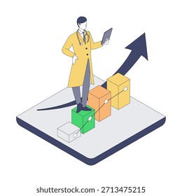 Esta es una Ilustración vectorial isométrica que representa a un médico masculino que revisa datos mejorados y tablas de crecimiento habilitadas por la DX de atención médica. Representa mejoras operativas, eficiencia de la atención médica y la visualización de resultados, lo que lo hace adecuado para una amplia gama de usos, incluidos materiales de promoción DX, informes, presentaciones y propuestas de mejora.