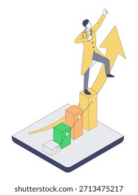 This is an isometric vector illustration depicting a male physician celebrating on a growth chart after achieving operational improvements and enhanced outcomes through healthcare DX. It expresses success, improvement effects, performance enhancement, and the visualization of results, making it ideal for DX promotion materials, healthcare reform projects, and operational improvement proposals.