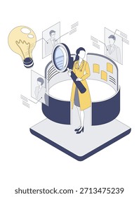 Esta es una Ilustración vectorial isométrica que representa a una médica investigando información relacionada con la atención médica DX. Representa visualmente el proceso de investigación y análisis de información dentro de la atención médica DX combinando datos médicos, iconos expertos, símbolos de ideas en forma de bombilla y paneles de análisis.