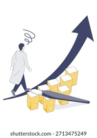 Dies ist eine isometrische Vektorgrafik, die einen männlichen Arzt darstellt, der vor einem Berg von Papierkarten verblüfft ist. Sie stellt Herausforderungen im Gesundheitswesen dar, wie analoge Arbeit, Ineffizienz und Arbeitslasten, was sie ideal für Materialbeschaffung vor der DX-Implementierung macht.