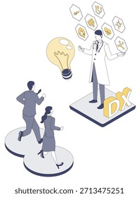 Esta é uma ilustração vetorial isométrica que representa uma cena onde um médico explica uma ideia DX para cuidados de saúde, levando a equipe a começar a agir. Ele serve como material visual adequado para geração de ideias, implementação do DX, reforma em equipe e propostas de melhoria da área de saúde.