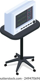 This isometric vector illustration depicts a medical heart rate monitor on a wheeled stand. The monitor displays vital signs including heart rate, blood pressure, and oxygen saturation.