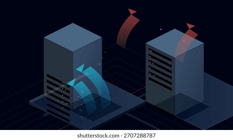 Essa ilustração de vetor isométrico representa a transferência de dados e a comunicação entre dois racks de servidor em um ambiente de rede escuro e seguro.