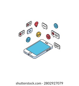 This isometric vector illustration depicts a white smartphone with a blue screen, surrounded by floating social media icons. The icons include speech bubbles with text and angry faces, a heart, and various expressive emojis such as sad, crying, and angry faces. The clean, outlined design on a white background represents digital communication, online feedback, and the emotional impact of social media interactions.