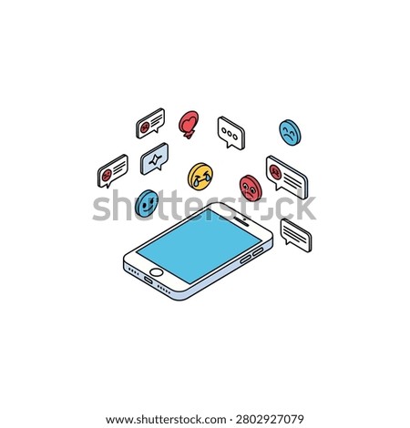 This isometric vector illustration depicts a white smartphone with a blue screen, surrounded by floating social media icons. The icons include speech bubbles with text and angry faces, a heart, and various expressive emojis such as sad, crying, and angry faces. The clean, outlined design on a white background represents digital communication, online feedback, and the emotional impact of social media interactions.