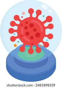 This Isometric vector illustration features a stylized virus enclosed in a glass dome.