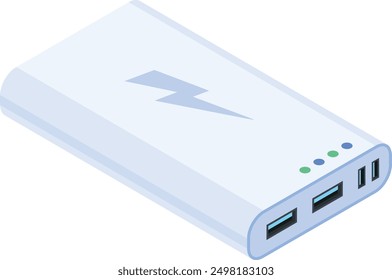 This isometric vector illustration features a modern power bank icon with multiple ports and battery level indicators.