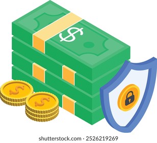 This isometric vector illustration features stacks of dollar bills, gold coins, and a protective shield with a lock icon, representing financial security and protection of assets.