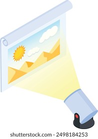 This isometric vector illustration showcases a projector casting a desert landscape image onto a wall. The scene evokes adventure, exploration, and storytelling.