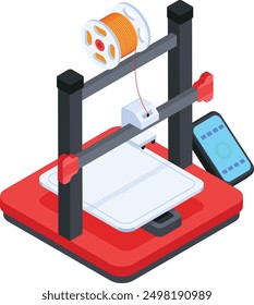 This isometric vector illustration showcases a modern 3D printer with smartphone integration. Perfect for tech, engineering, and manufacturing projects.