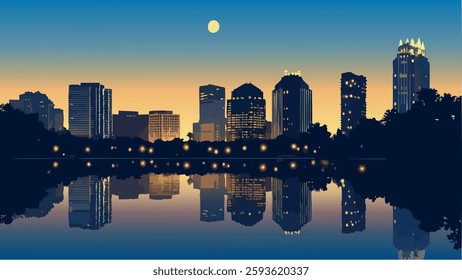 This isometric-style vector illustration captures the Orlando, Florida skyline at dusk, with the city lights reflecting on the water beneath