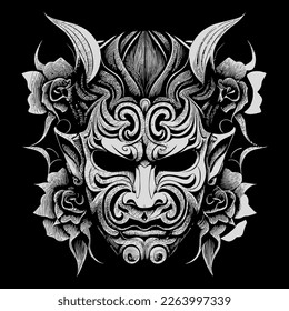 This Japan Hannya mask line art drawing depicts the haunting and captivating expression of the traditional Noh theater mask with intricate line work