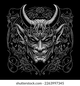 This Japan Hannya mask line art drawing depicts the haunting and captivating expression of the traditional Noh theater mask with intricate line work