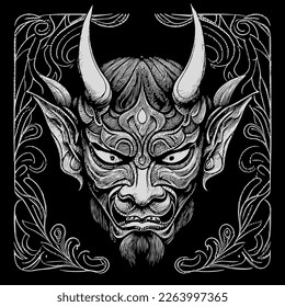 This Japan Hannya mask line art drawing depicts the haunting and captivating expression of the traditional Noh theater mask with intricate line work