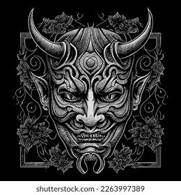 This Japan Hannya mask line art drawing depicts the haunting and captivating expression of the traditional Noh theater mask with intricate line work