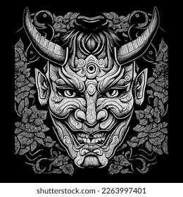 This Japan Hannya mask line art drawing depicts the haunting and captivating expression of the traditional Noh theater mask with intricate line work