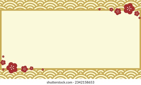 This Japanese-style frame illustration features plum blossoms on a background of blue ocean waves.