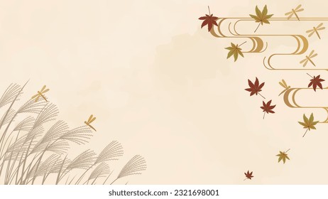 This is a Japanese-style watercolor background illustration frame featuring autumn leaves, silver grass, and dragonflies.