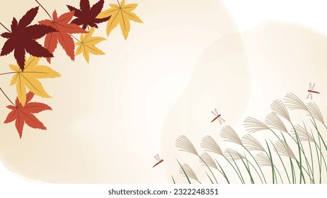 This is a Japanese-style watercolor background illustration frame featuring autumn leaves, silver grass, and dragonflies.