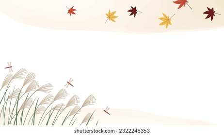 This is a Japanese-style watercolor background illustration frame featuring autumn leaves, silver grass, and dragonflies.