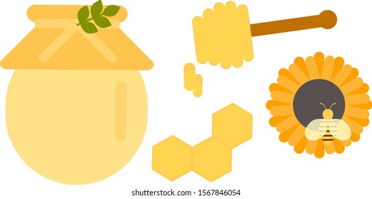 This is jar honey, bee on flower and spoon of honey. Cartoon vector illustration.