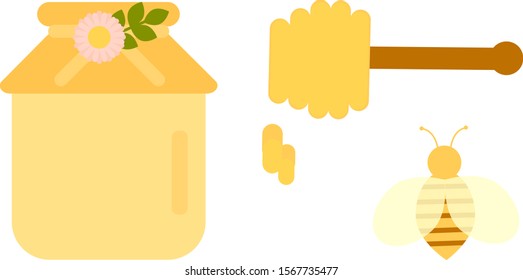 This is jar honey, bee and spoon of honey. Cartoon vector illustration.