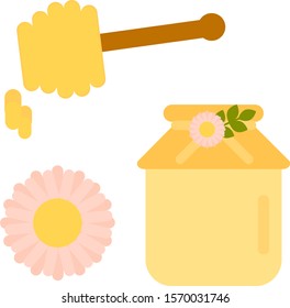 This is jar honey, flower and spoon of honey. Cartoon vector illustration.