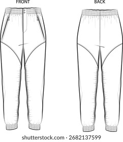 Este es un pantalón con cintura elástica, cremallera y mosca a presión, bolsillos laterales con cremallera.