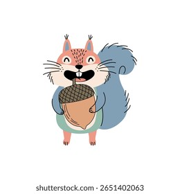 This joyful cartoon squirrel happily holds an acorn, showcasing a whimsical and playful design perfect for children's themes or nature illustrations.