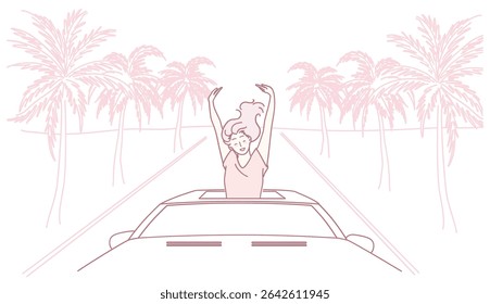 This is a joyful moment, perfectly capturing the unique essence of driving amidst stunning palm trees