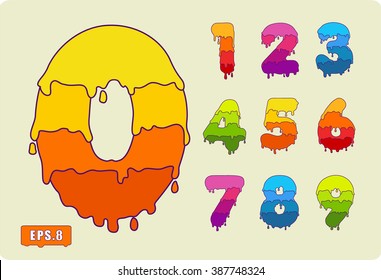 This Joyful set of numbers painted with paint, with smudges and drops. With contour stroke. Zero 0 One 1 Two 2 Three 3 Four 4 Five 5 Six 6 Seven 7 eight 8 nine 9. eps8