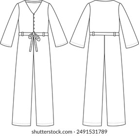 This jumpsuit with robes buckle technical drawing features precise and detailed elements, including the robes buckle design, jumpsuit silhouette, and seam lines. Ideal for fashion designers and garmen