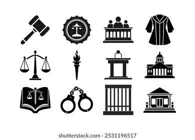 This justice and law symbol icon bundle includes icons like judicial hammer, justice torch, scales of justice, courthouse, law book, and more. Perfect for legal firms and law-related projects.