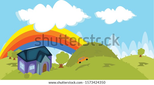 this is kids background\
like cartoon background blue sky and rainbow with trees in kids\
environment