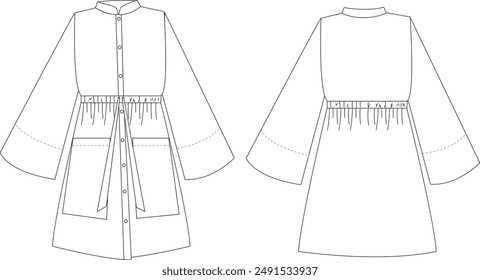 This kimono blouse technical drawing showcases precise and detailed elements, including the unique kimono-style sleeves, silhouette, and seam lines. Ideal for fashion designers and garment makers, it