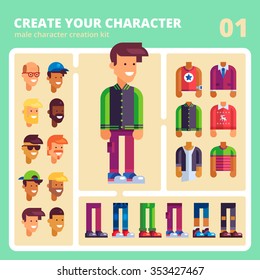 This kit will help you to make your own unique male vector character in flat design. You'll have many possibilities to customize appearance from faces to apparel. Bonus: a set of ready characters.