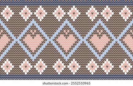 This knitted pattern features a repeating diamond motif outlined in light blue, filled with pink hearts and surrounded by brown and pink floral accents, creating a cozy, traditional design.