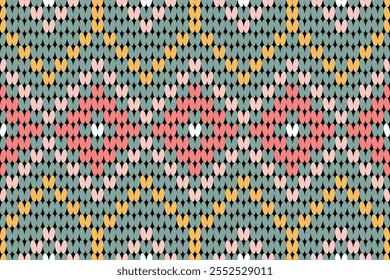 This knitted pattern features a soft pastel palette of pink, yellow, teal, and white, arranged in symmetrical rows with subtle floral and geometric elements.