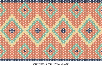 This knitted pattern features vibrant diamond shapes in red, green, and yellow, outlined with navy blue, creating a bold, symmetrical design reminiscent of Southwestern or tribal-inspired aesthetics.