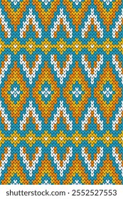 This knitted pattern features vibrant diamond motifs with orange, yellow, white, and teal hues. The symmetrical arrangement creates a lively and visually appealing textile design.