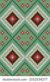 This knitted pattern showcases large diamond motifs in white, green, brown, and red hues, accented with small red floral elements, creating a symmetrical and intricate design.