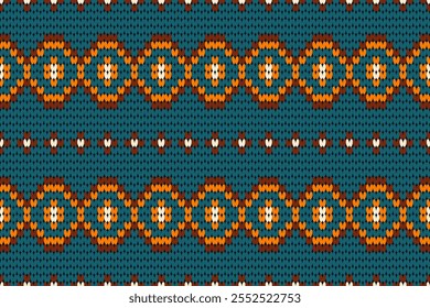 Este padrão de malha exibe motivos circulares repetidos em laranja, marrom e branco contra um fundo azul-petróleo, formando um design têxtil decorativo simétrico e arrojado.