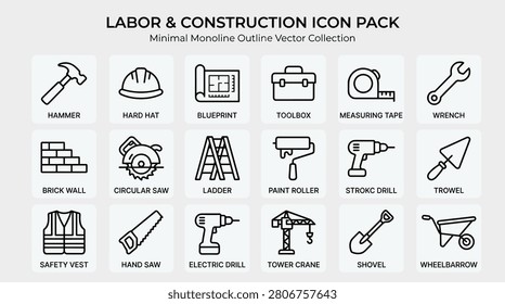 This labor and construction icon pack features a minimal monoline outline vector collection. With clean, modern line style, these web graphic or print ready elements showcase essential tools and equipment for construction and labor related projects.
